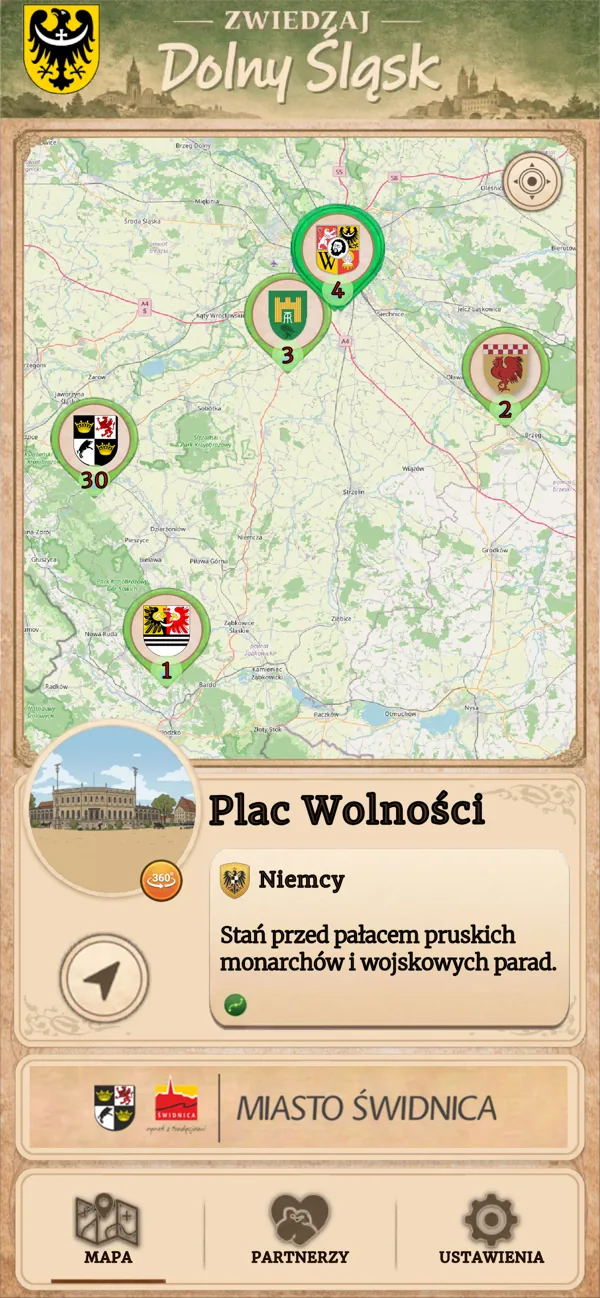 Ekran aplikacji: mapa Dolnego Śląska z punktami historycznymi